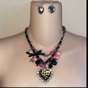 Pink Leopard Heart Silver Tone Charm Necklace